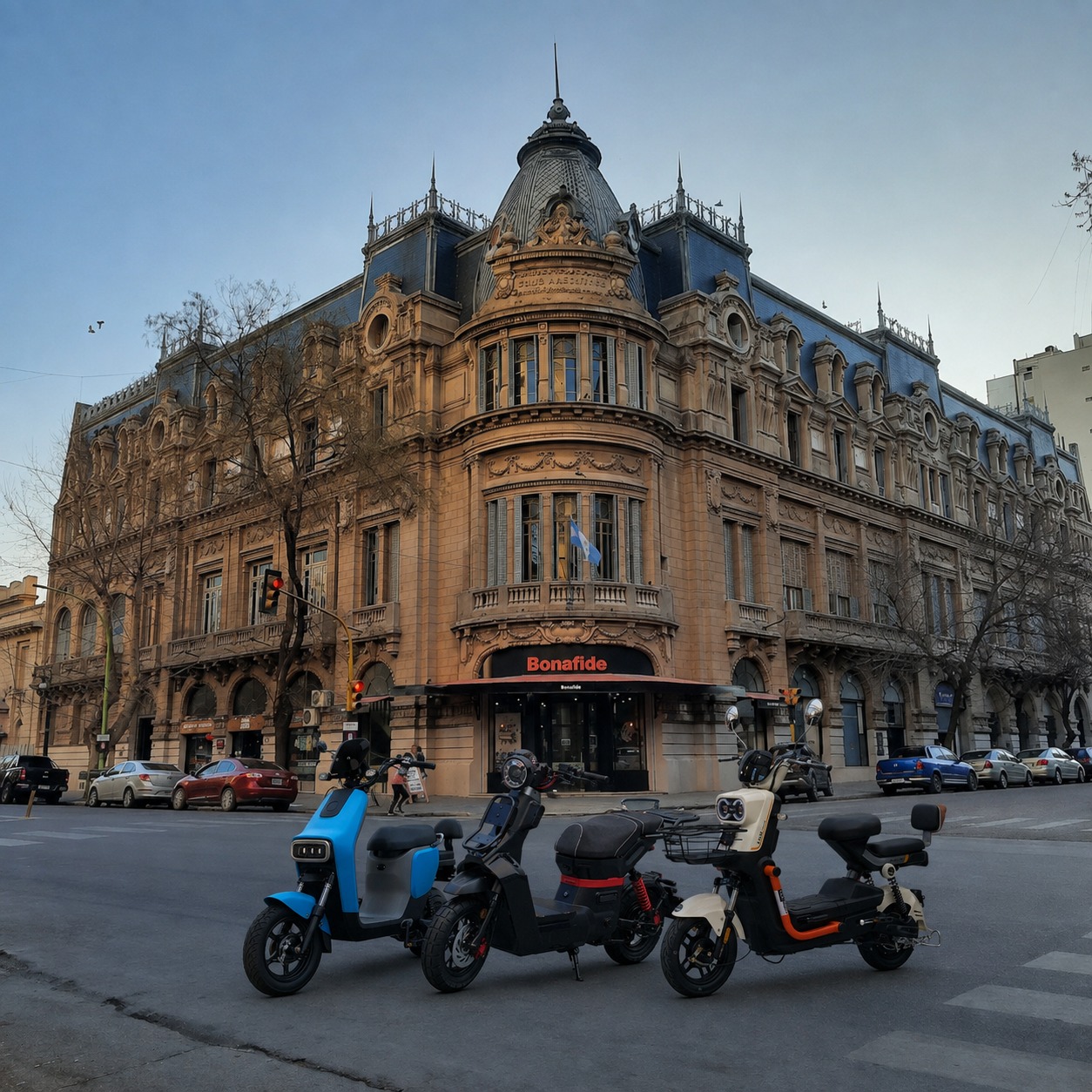 Tres motos eléctricas XMove estacionadas frente a un edificio histórico en el centro de Bahía Blanca
